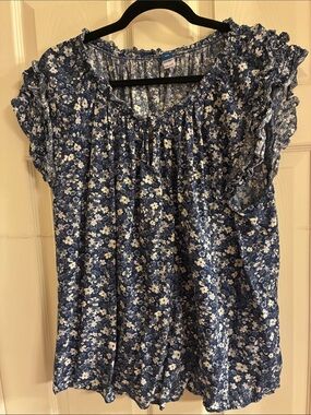 Old Navy Blue and White Floral Ruffle Sleeve Blouse